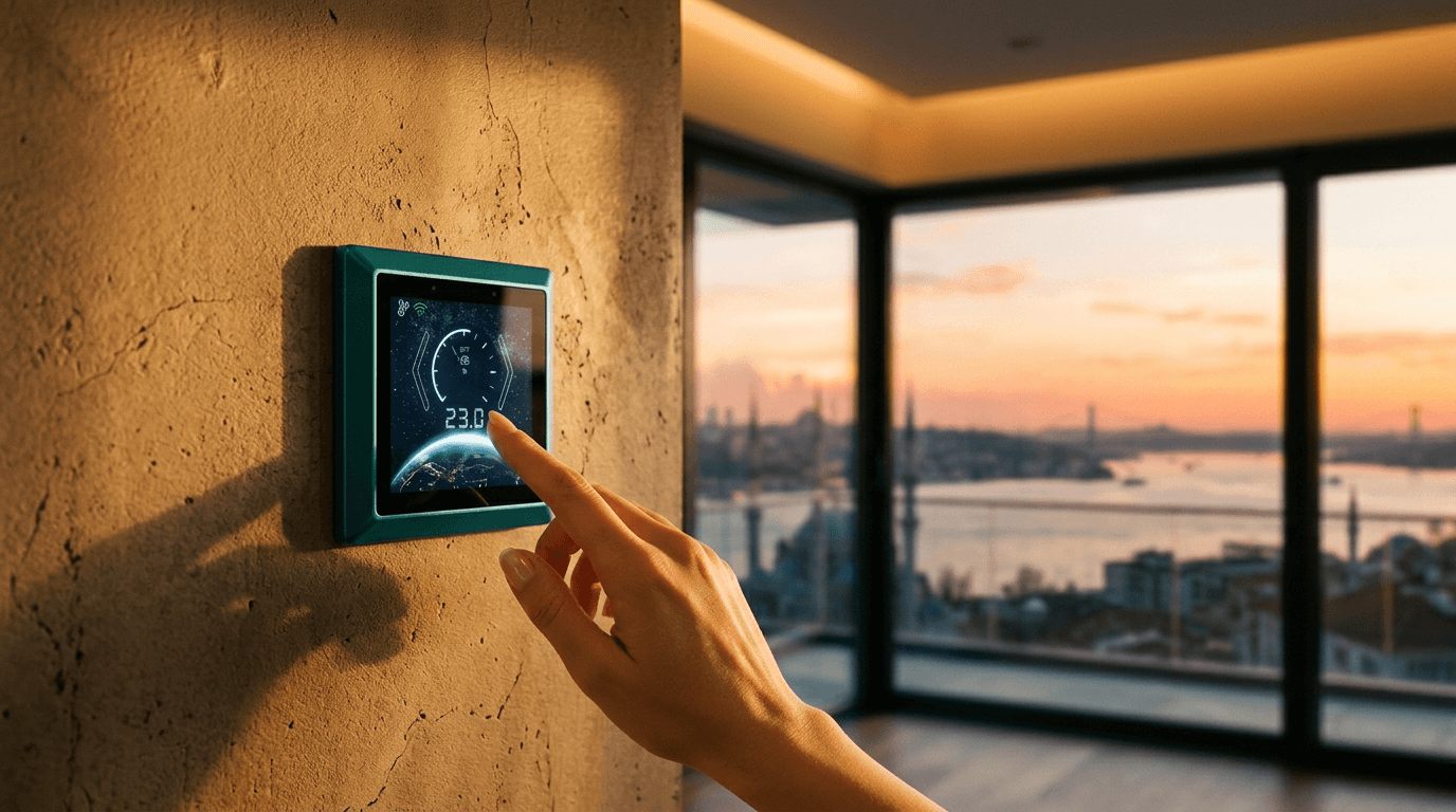 iCe akıllı panel — İstanbul manzaralı bir evde, gün batımında dokunmatik kontrol